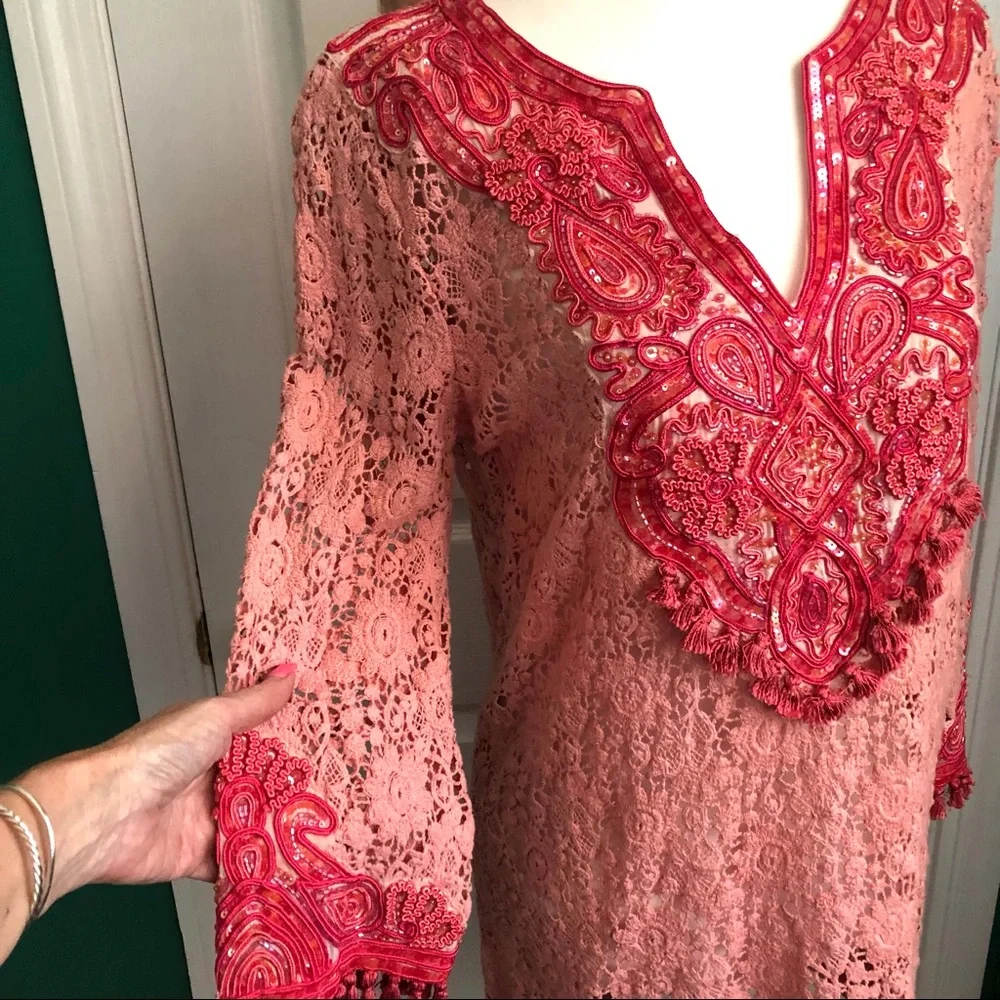 Calypso St. Barth’s tunic dress, peach/coral embroidered sequin & tassels S